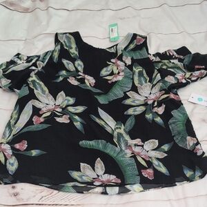 Women's Q&A Nonnie Cold Shoulder Floral Spring Flowy Black Blouse size Large